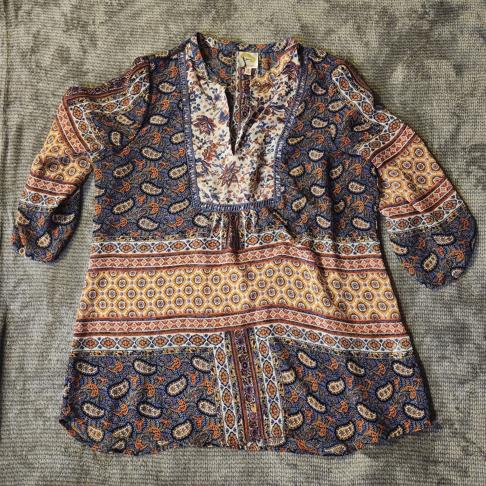 FIG FLOWER Anthropologie Blouse Large Rayon Boho Shirt Top Lightweight Sheer,